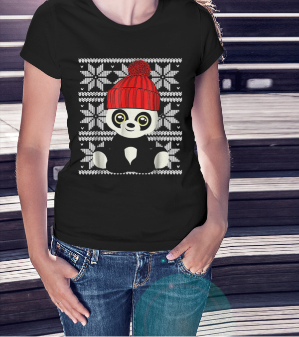 Ugly Sweater Christmas Panda Bear With Red Knit Hat T-Shirt