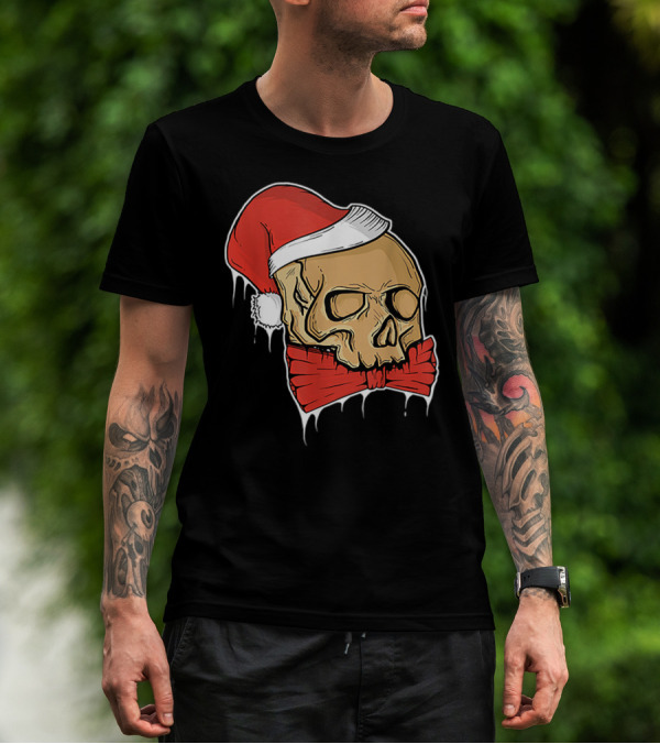 Vintage Skull Christmas Santa Hat Bow T-Shirt