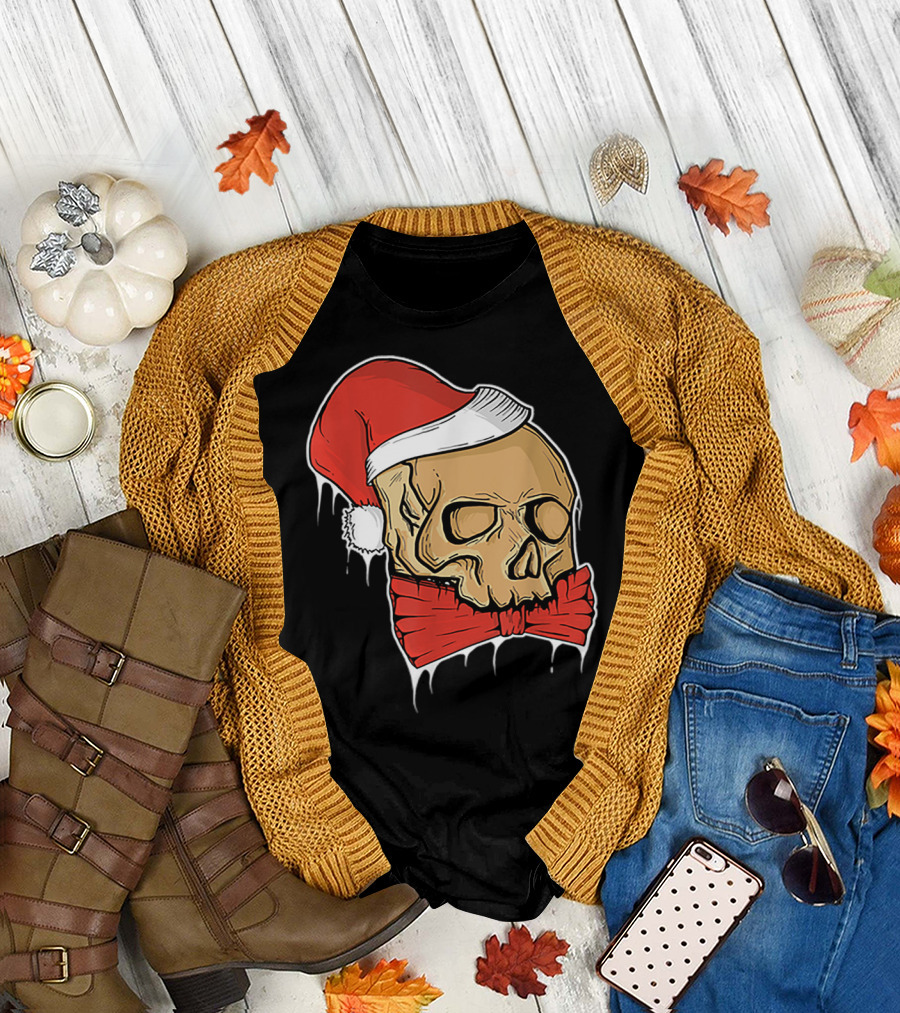 Vintage Skull Christmas Santa Hat Bow T-Shirt