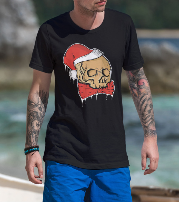Vintage Skull Christmas Santa Hat Bow T-Shirt