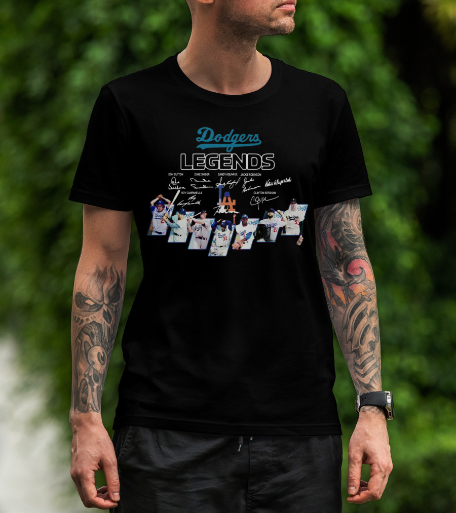 Dodgers Legends Don Sutton Duke Snider Sandy Koufax Jackie Robinson Roy Campanella Kirk Gibson Clayton Kershaw Signatures T-Shirt