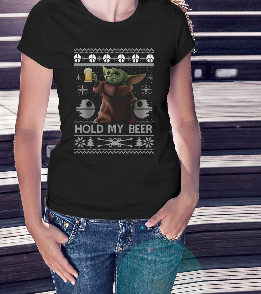 Baby Yoda Hold My Beer Star Wars Ugly Sweater Christmas T-Shirt