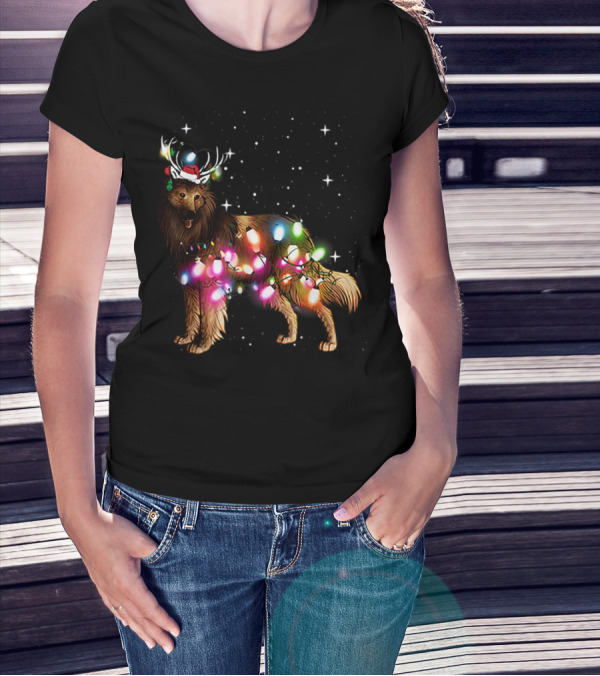 Belgian Tervuren In Santa Hat With Holiday Christmas Lights And Snowflakes T-Shirt
