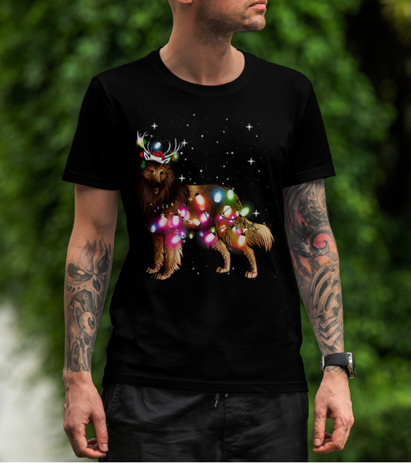 Belgian Tervuren In Santa Hat With Holiday Christmas Lights And Snowflakes T-Shirt