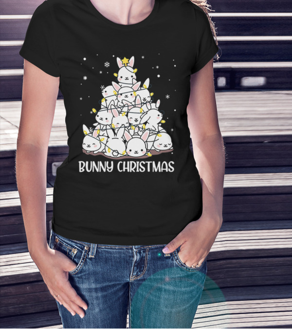 Bunny Christmas Tree With Snowflakes And Lights T-Shirt
