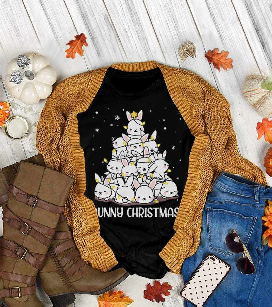 Bunny Christmas Tree with Snowflakes and Lights T-Shirt