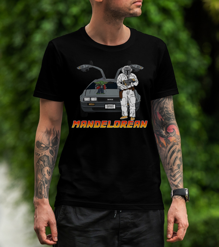 Mandelorean Baby Yoda And Boba Fett With DeLorean Car T-Shirt