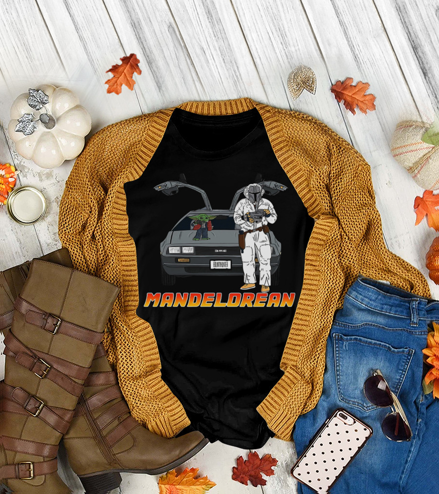 Mandelorean Baby Yoda And Boba Fett With DeLorean Car T-Shirt