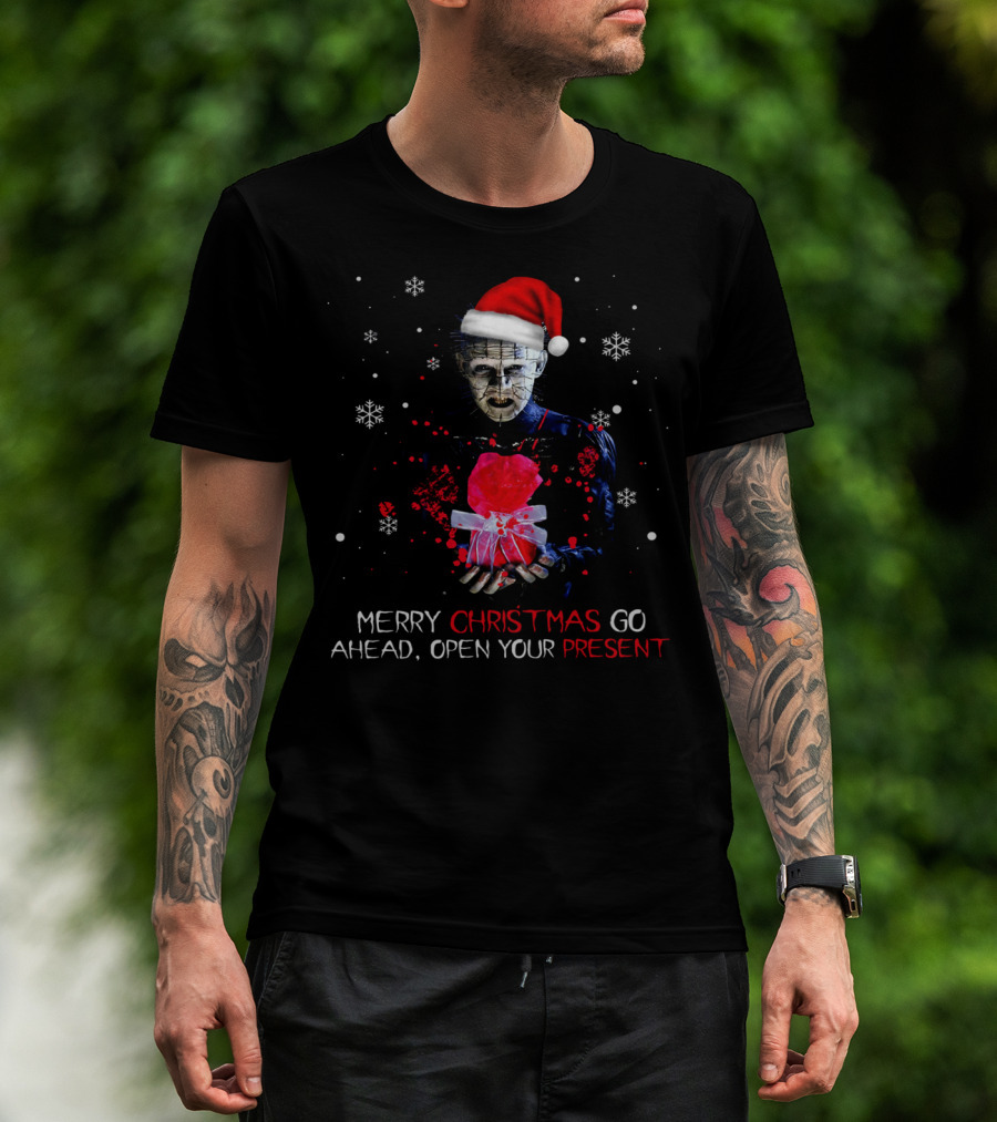 Merry Christmas Go Ahead Open Your Present Pinhead Santa Hat Snowflakes T-Shirt