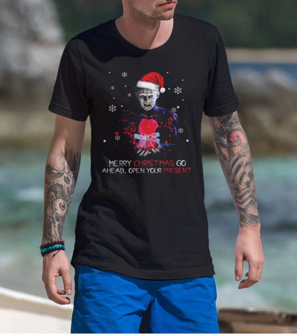 Merry Christmas Go Ahead Open Your Present Pinhead Santa Hat Snowflakes T-Shirt