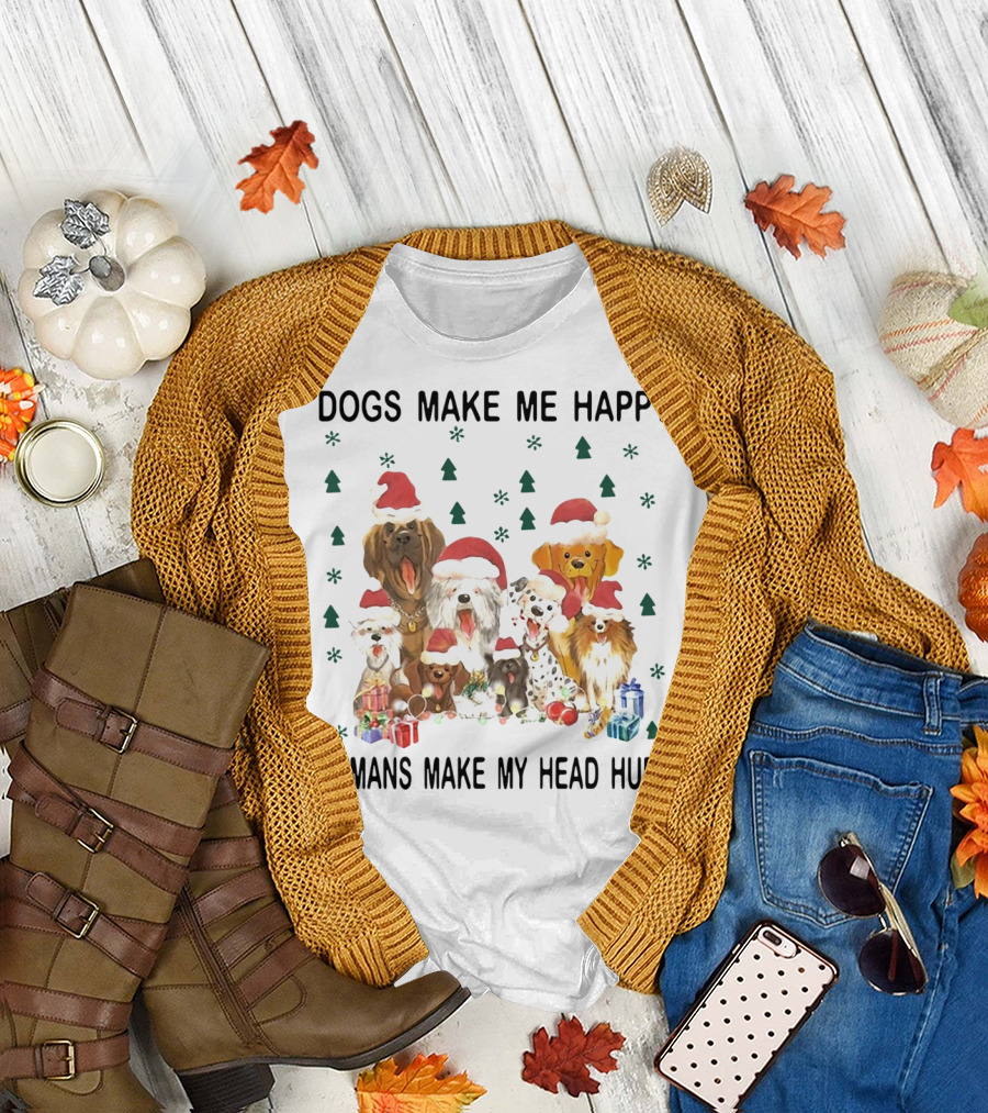 Dogs Make Me Happy Humans Make My Head Hurt Christmas Dogs with Santa Hats and Gifts T-Shirt