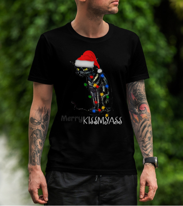 Merry Kissmyass Black Cat Santa Hat Christmas Lights T-Shirt