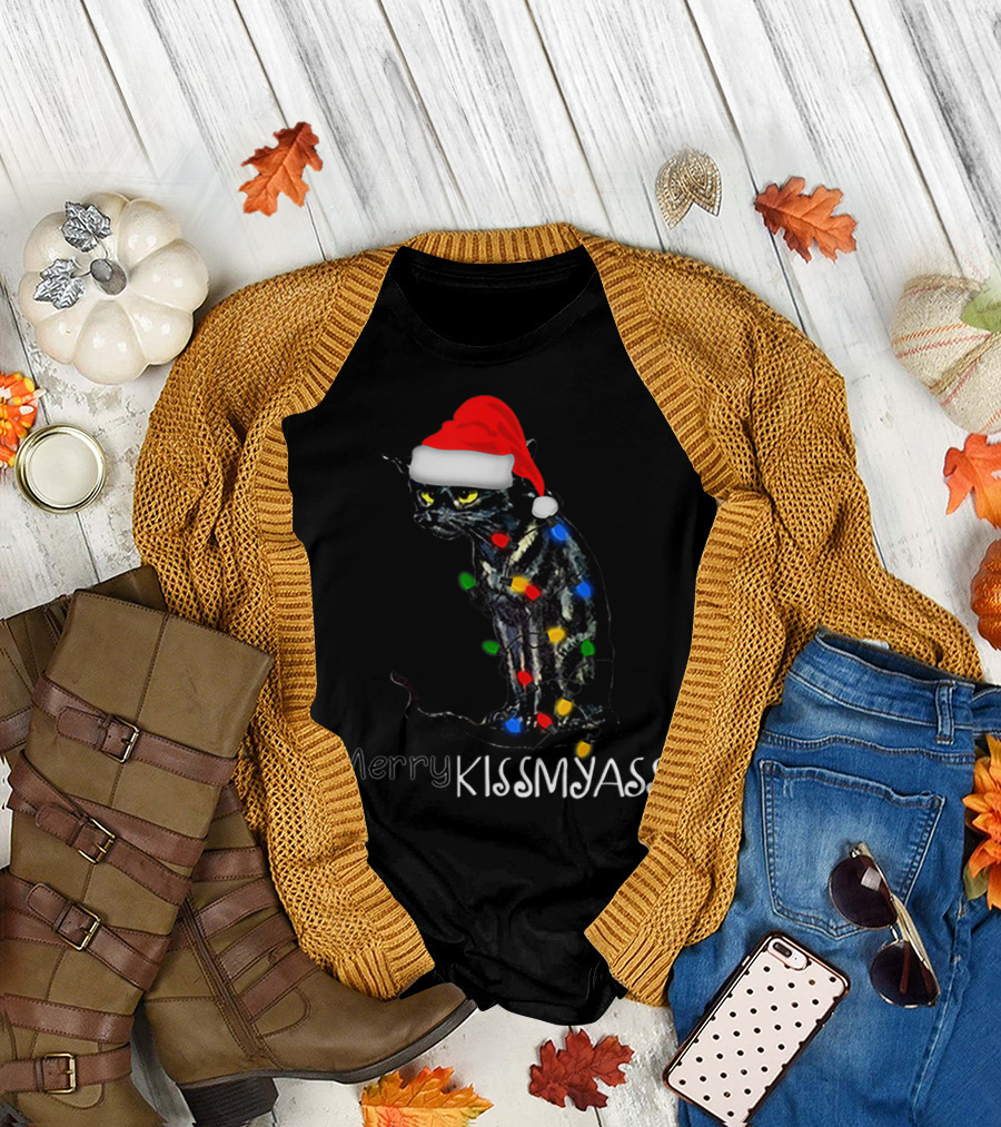 Merry Kissmyass Black Cat Santa Hat Christmas Lights T-Shirt
