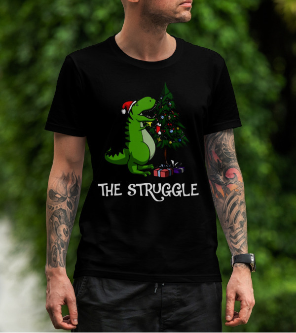 T Rex Dinosaur The Struggle With Christmas Tree T-Shirt