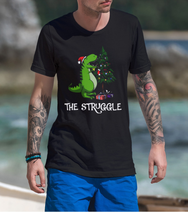 T Rex Dinosaur The Struggle With Christmas Tree T-Shirt