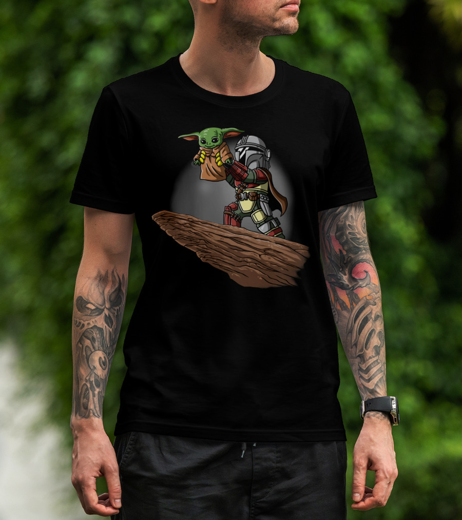 The Mandalorian Raising Baby Yoda Scene With Boba Fett Elements T-Shirt