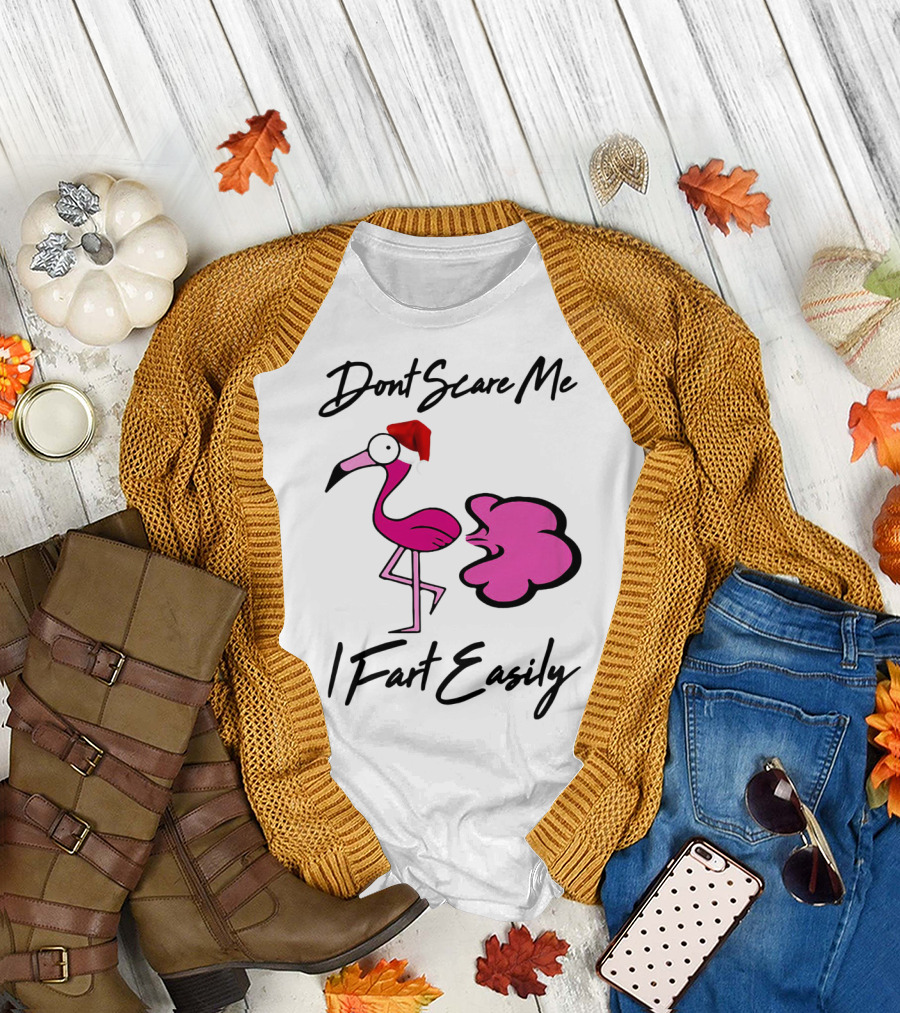 Dont Scare Me I Fart Easily Flamingo with Santa Hat T-Shirt