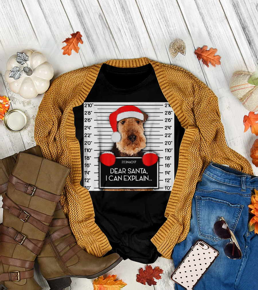 Airedale Terrier Santa Mugshot I Can Explain Christmas Dog T-Shirt