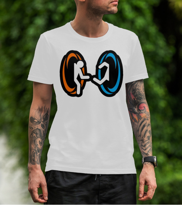 Orange And Blue Portal Stick Figure Couple T-Shirt