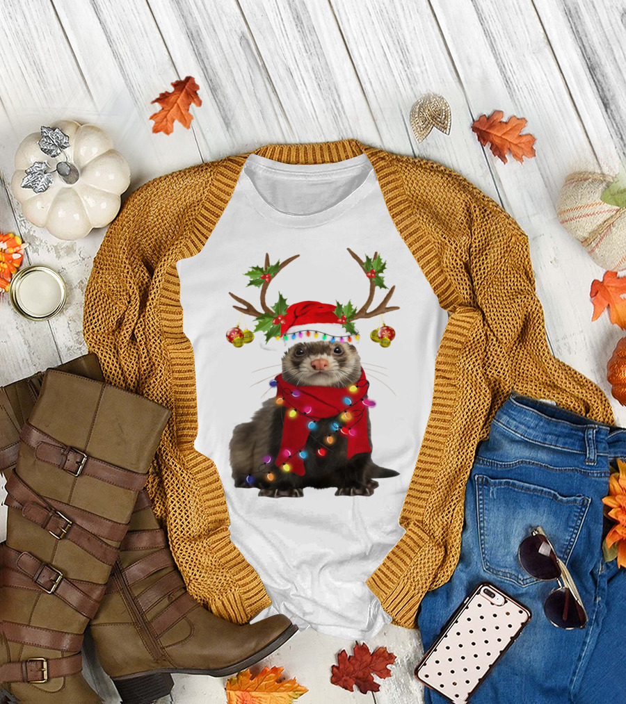Otter with Festive Lights and Reindeer Antlers Holiday T-Shirt