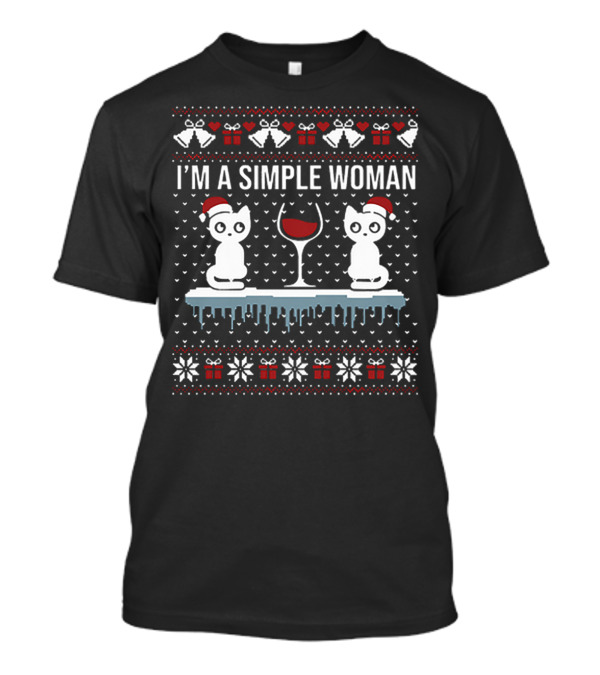 I’m A Simple Woman With Cats Wine And Christmas T-Shirt
