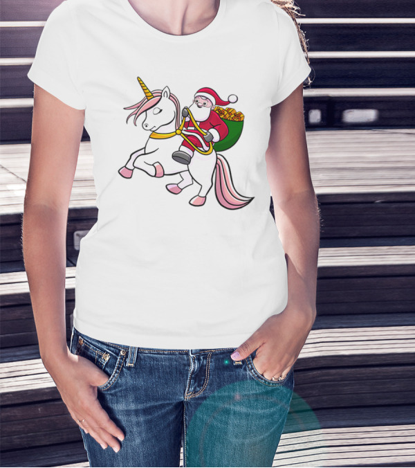 Santa Riding Unicorn With Sack Of Gifts For Cute Girls T-Shirt