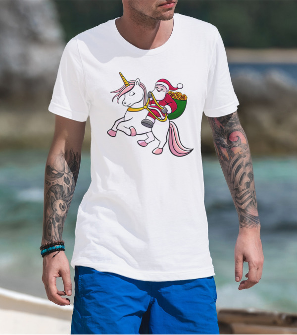Santa Riding Unicorn With Sack Of Gifts For Cute Girls T-Shirt