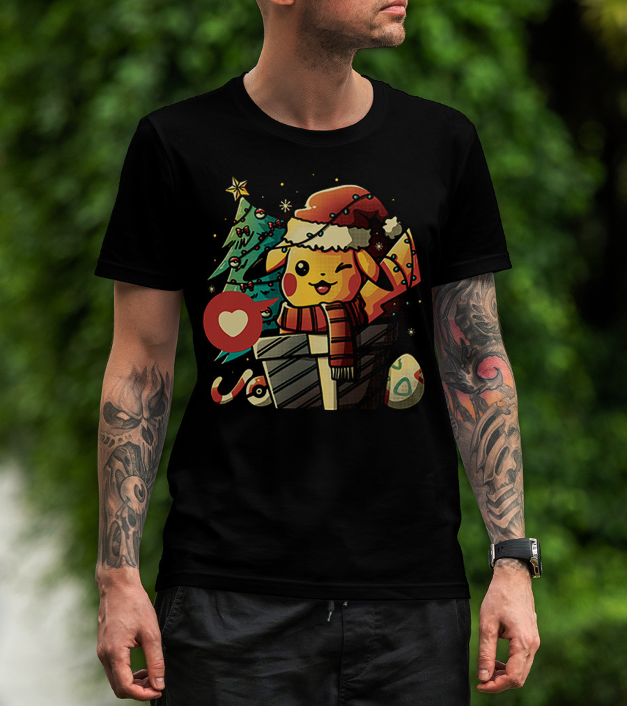 Pikachu In Santa Hat With Electric Christmas Tree And Candy Cane T-Shirt
