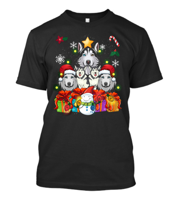 Siberian Husky Christmas Tree Decor With Snowflakes, Candy Cane, Snowman, And Presents T-Shirt
