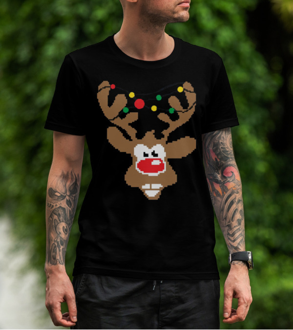 Christmas Youth Pixel Reindeer With Colorful Lights T-Shirt
