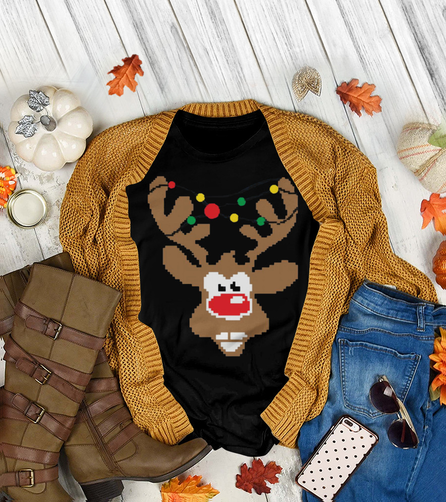 Christmas Youth Pixel Reindeer with Colorful Lights T-Shirt