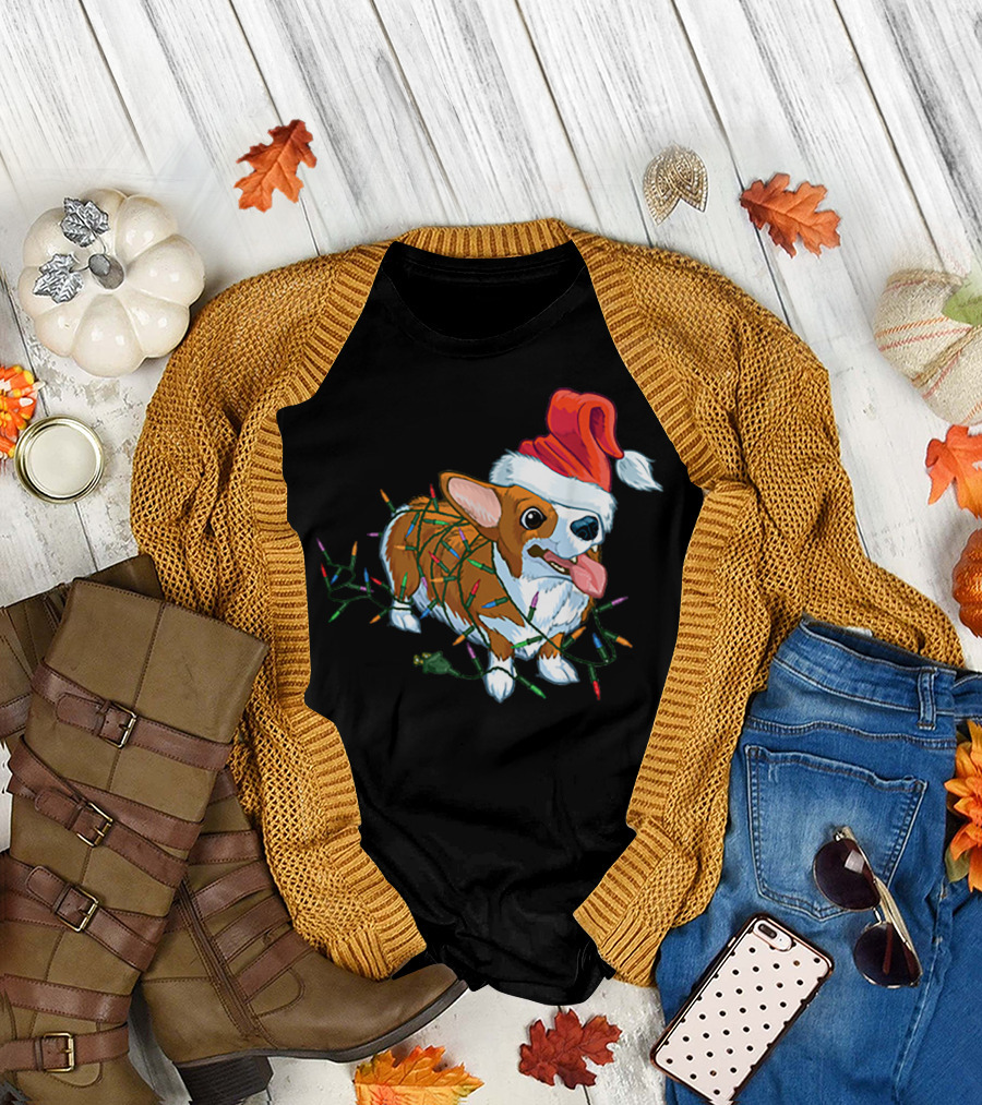 Corgi Christmas Lights Santa Hat T-Shirt