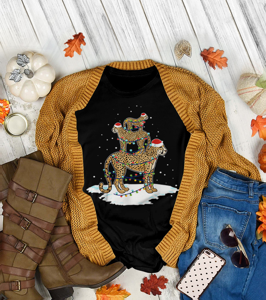 Cheetah Santa Christmas Tree with Festive Lights and Snowflakes T-Shirt