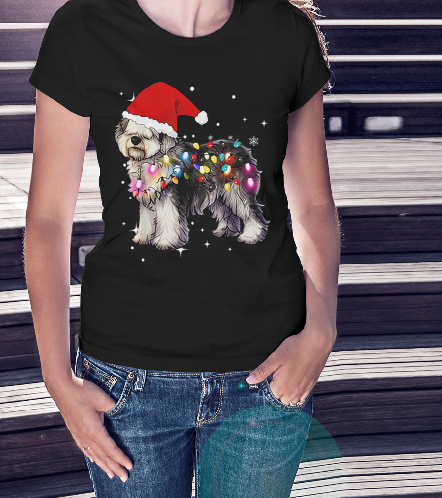 Christmas Lights Olde English Sheepdog Santa Hat T-Shirt
