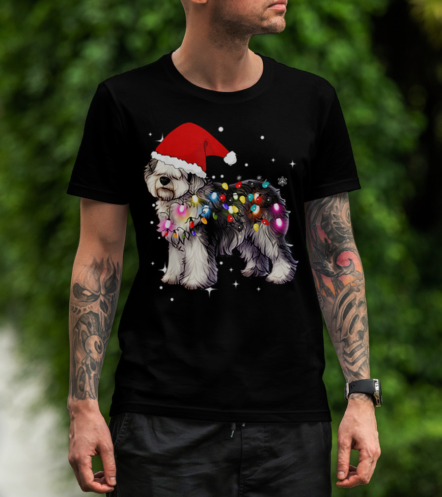 Christmas Lights Olde English Sheepdog Santa Hat T-Shirt