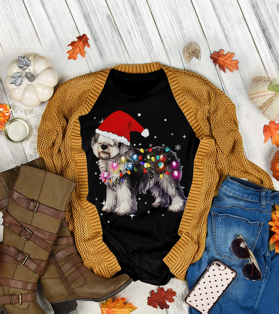 Christmas Lights Olde English Sheepdog Santa Hat T-Shirt