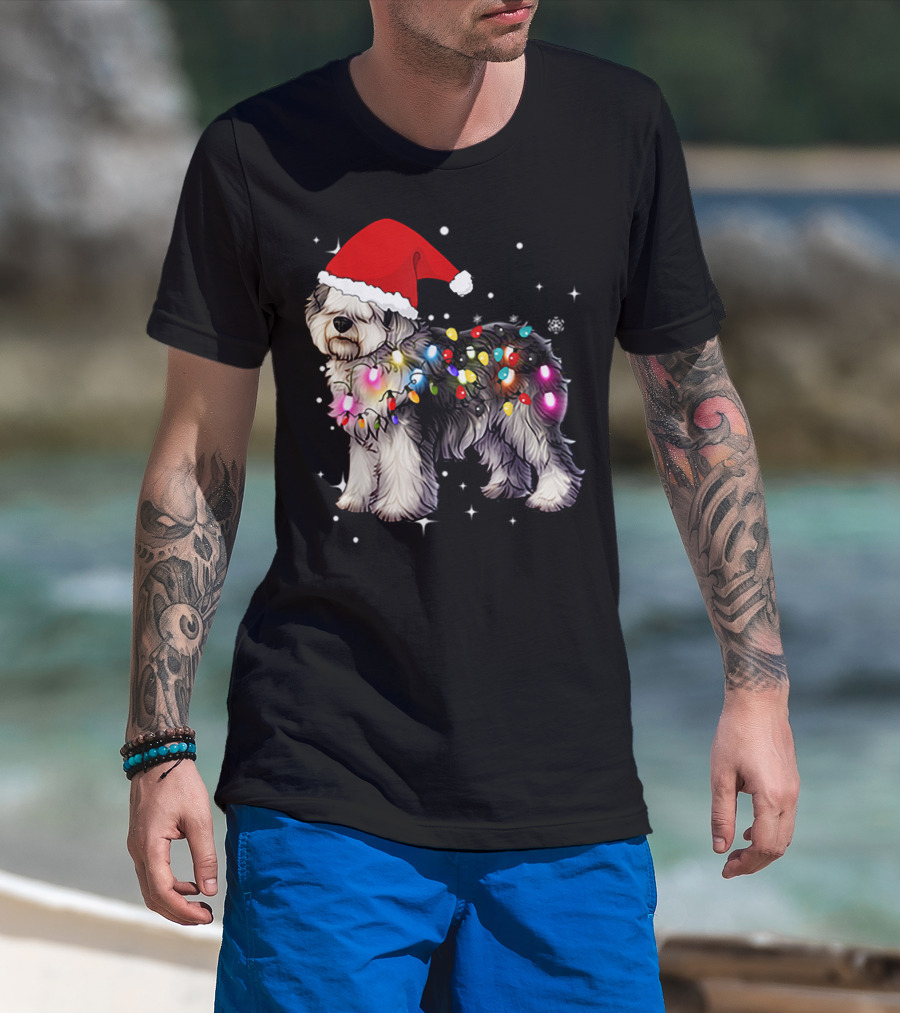 Christmas Lights Olde English Sheepdog Santa Hat T-Shirt