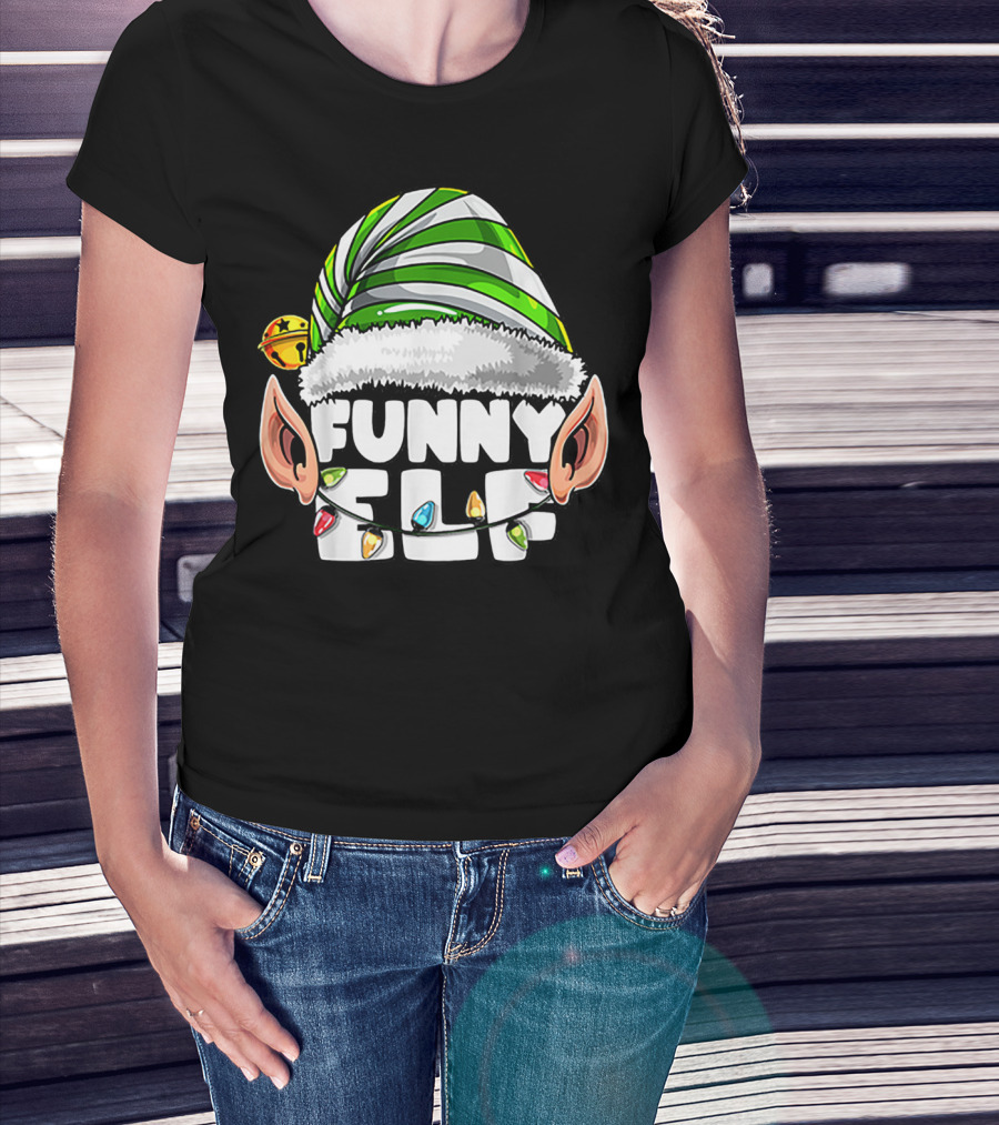 Funny Elf Matching Family Christmas Elf Hat Ears Lights T-Shirt