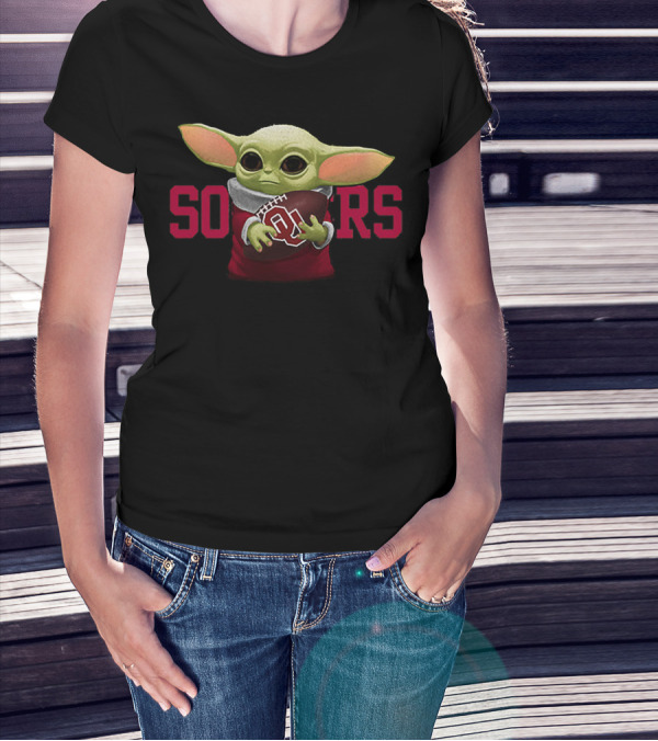 Baby Yoda Holding Football With Oklahoma Sooners T-Shirt