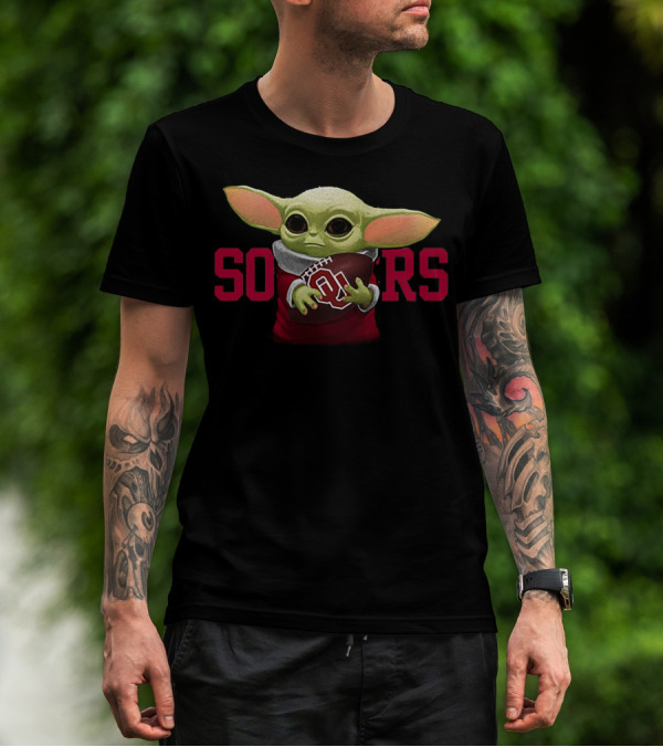 Baby Yoda Holding Football With Oklahoma Sooners T-Shirt
