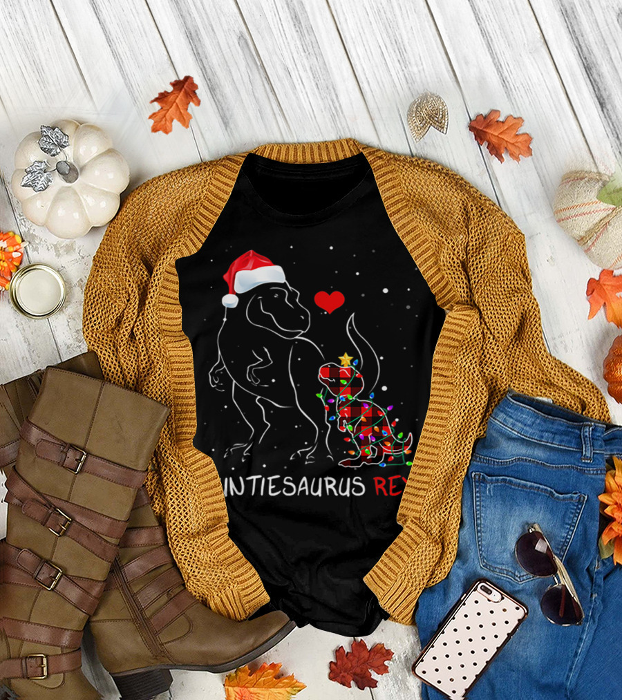 AUNTIESAURUS REX Red Plaid Christmas Dinosaur with Santa Hat and Lights T-Shirt
