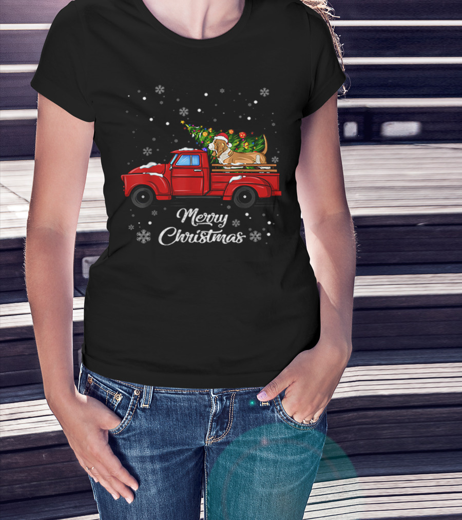 Merry Christmas Basset Hound With Santa Hat On Red Truck With Christmas Tree And Snowflakes T-Shirt