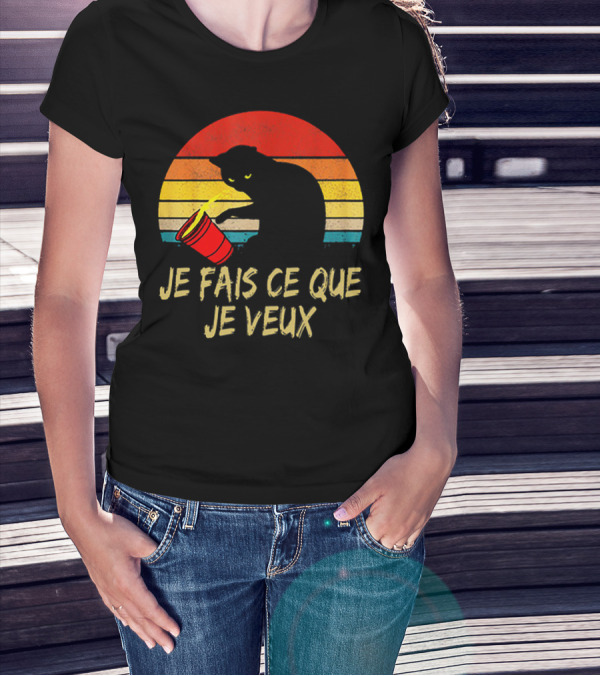Black Cat Je Fais Ce Que Je Veux Retro Sunset Silhouette 80s T-Shirt