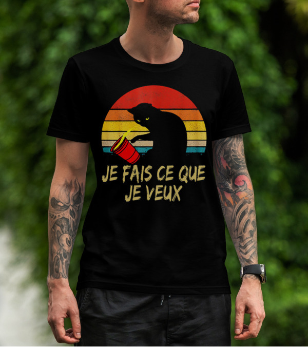 Black Cat Je Fais Ce Que Je Veux Retro Sunset Silhouette 80s T-Shirt