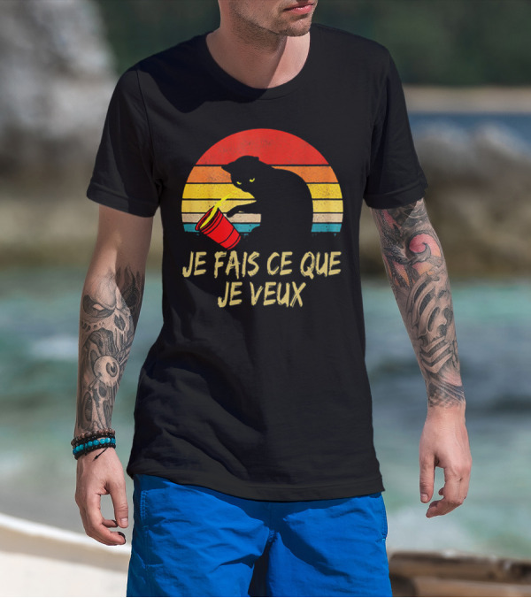 Black Cat Je Fais Ce Que Je Veux Retro Sunset Silhouette 80s T-Shirt