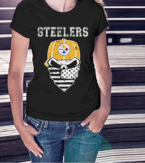 Steelers Skull With American Flag Bandana And Hat T-Shirt