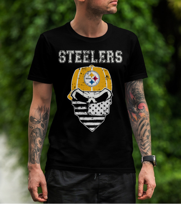 Steelers Skull With American Flag Bandana And Hat T-Shirt