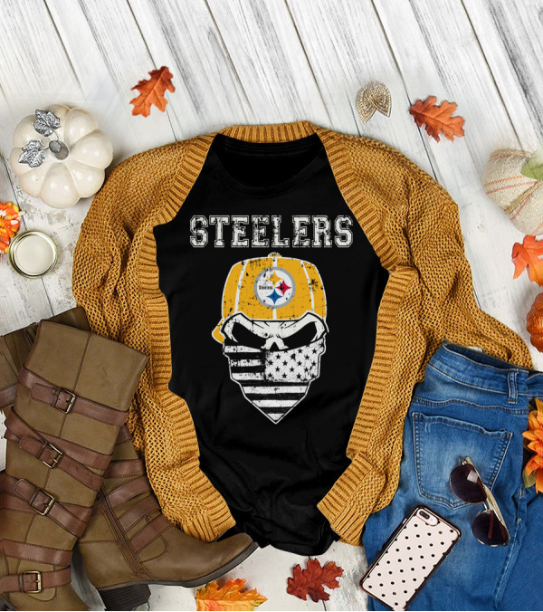 Steelers Skull With American Flag Bandana And Hat T-Shirt