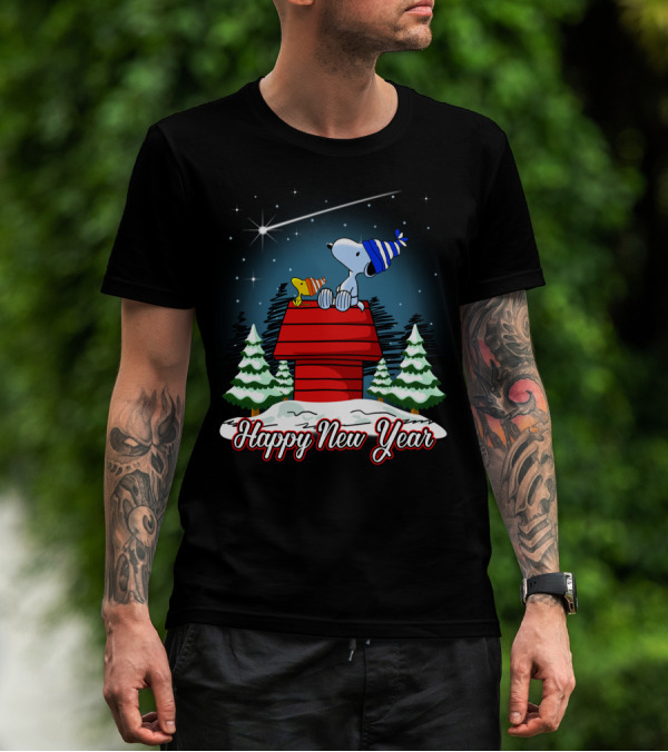 Snoopy Happy New Year With Woodstock On Doghouse Under Starry Sky T-Shirt