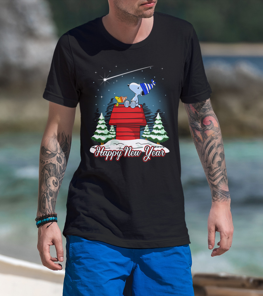 Snoopy Happy New Year With Woodstock On Doghouse Under Starry Sky T-Shirt